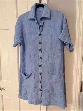 Light Blue Women’s Gauze Button-Front Shirt Dress/Coverup